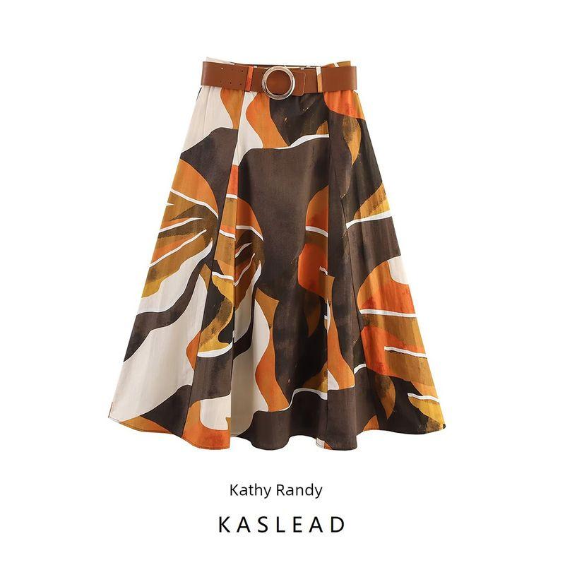 Kaslead New Women clothes Western Style Fashion Simple Print Poplin Belt Skirt 5029171