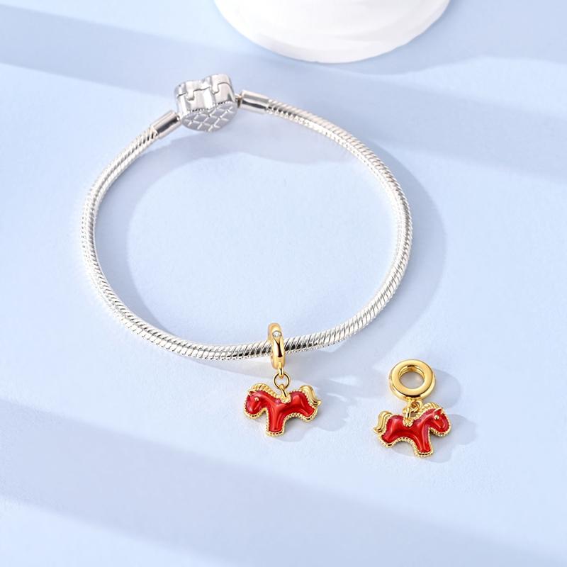 Original 925 Sterling Silver Bead Charms Gold Plated Joyous Red Horse Pendant Fit Original Bracelet Necklace For Women DIY Gift