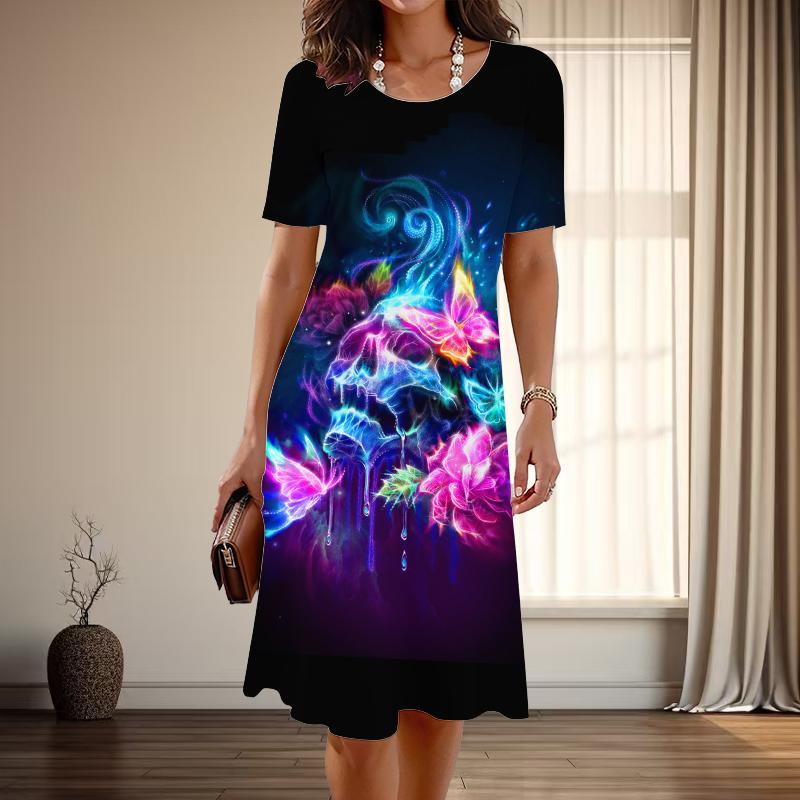 

Women s Fashion Graceful Goth Print Summer Spring Short Sleeve O-Neck Casual Dresses M фіолетовий