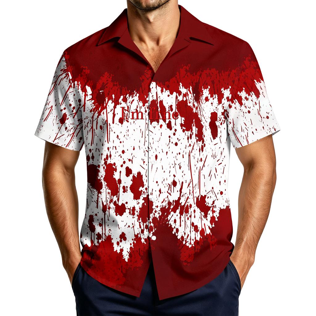 Men's Casual Short Sleeve Halloween Print Button Down Shirt