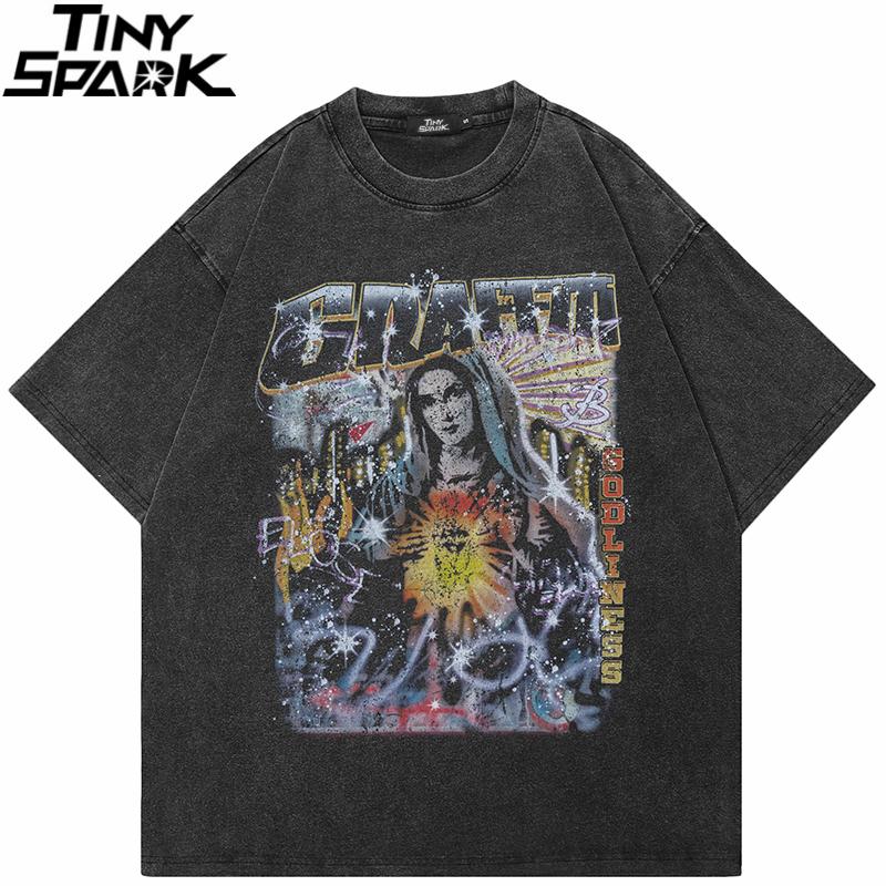 HipHop  Vintage Washed Black TShirt Streetwear Funny Graphic Graffiti Virgin Mary T Shirt Cotton Men Tshirt Unisex Tops Tee S разноцветный