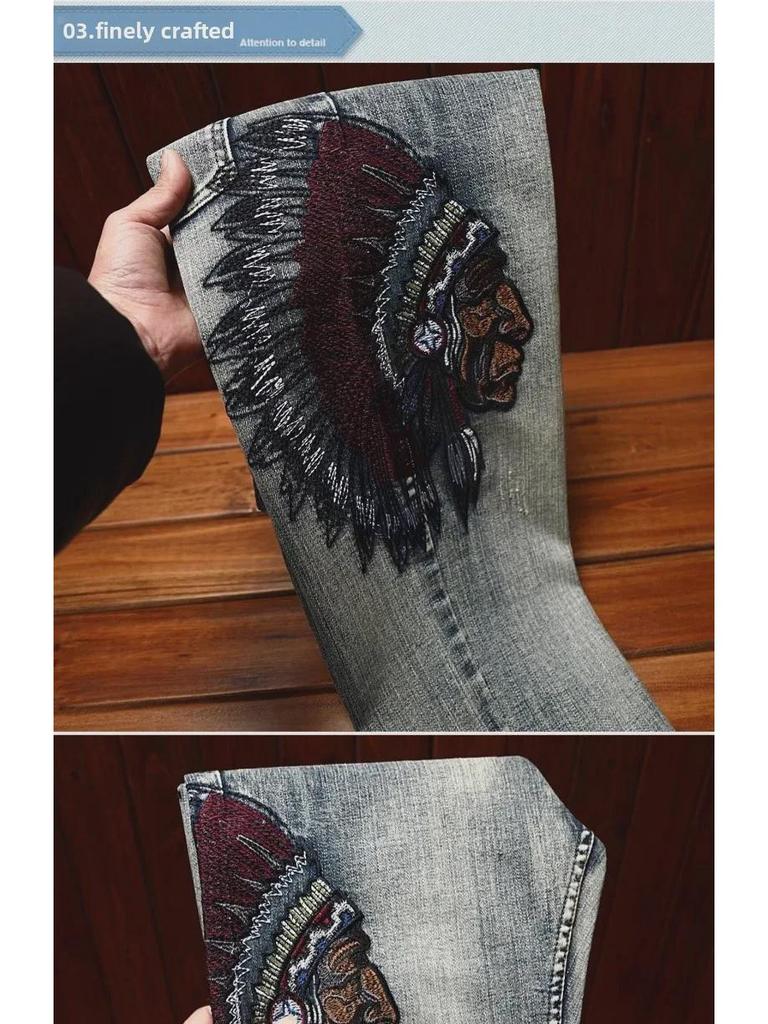 Men's Trendy Elastic Slim Fit Ripped Embroidered Jeans for Spring and Autumn High-Street Style