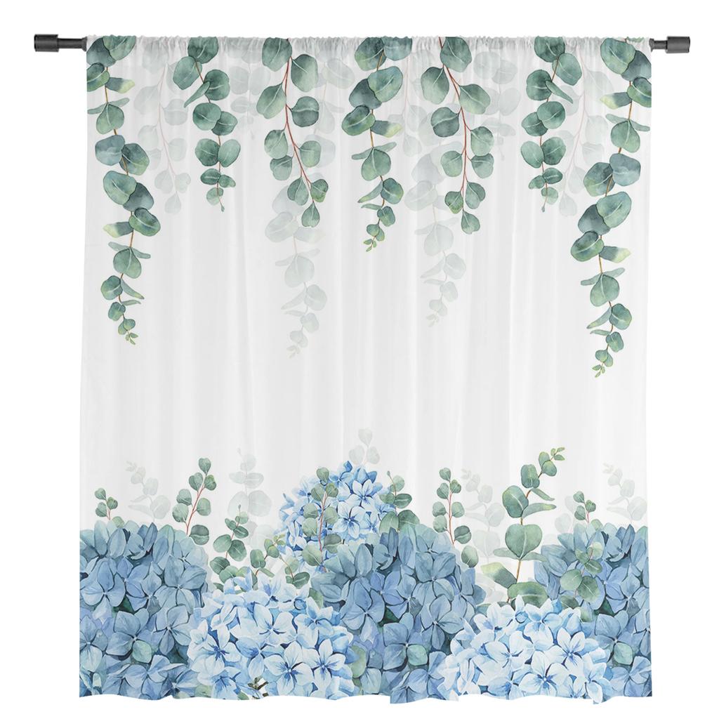 Eucalyptus Leaves Hydrangea Flower Plant Sheer Curtains for Living Room Decoration Window Curtains Kitchen Tulle Voile Curtains