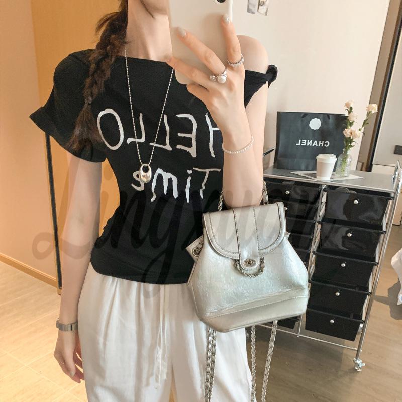 2026 Slim Fit Women s One-Shoulder Twist Knot Print T-Shirt M чёрный