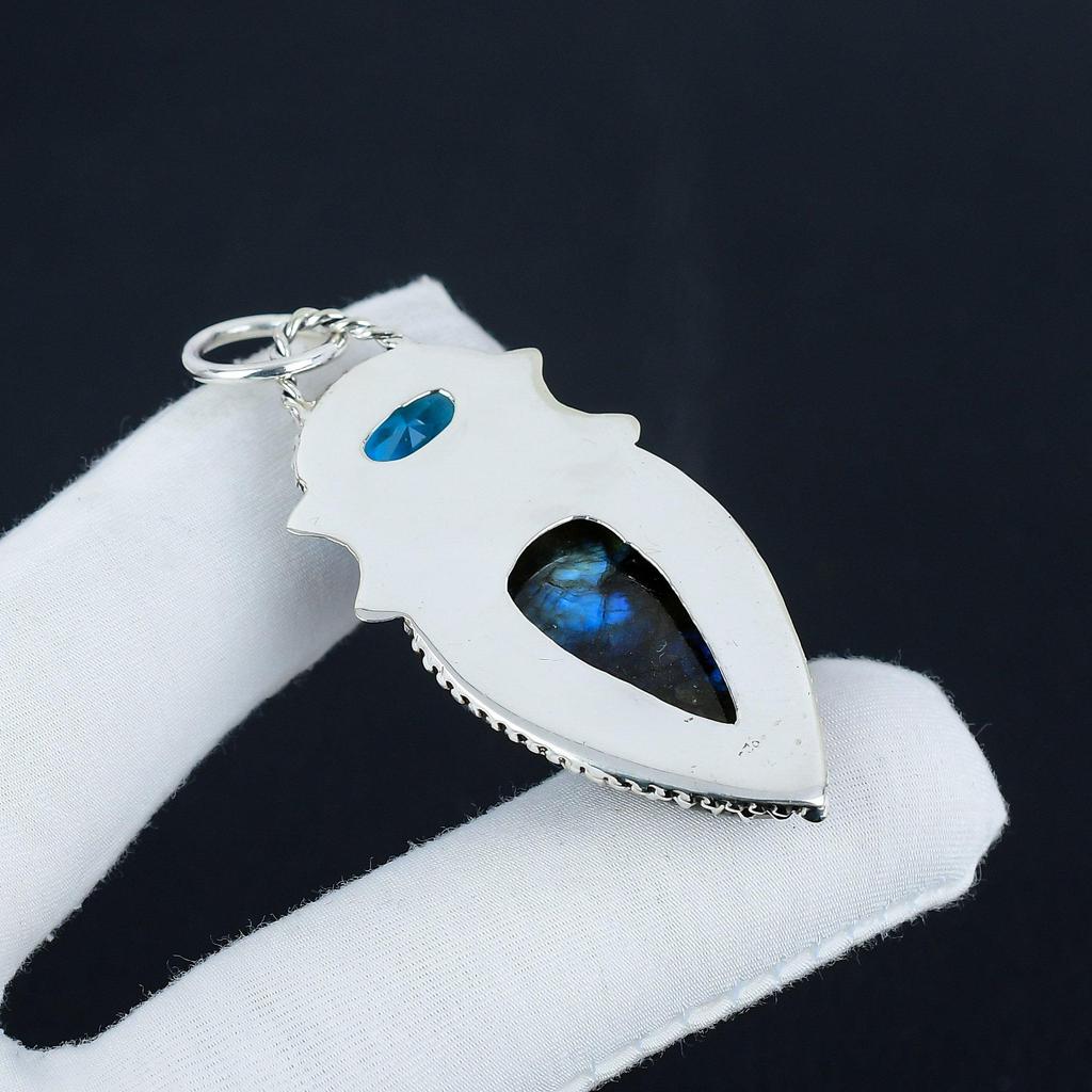 Beautiful Blue Flashy Labradorite, Blue Topaz Gemstone Silver Pendant in 925 Sterling Silver - Handmade Design, Everyday Wear Jewelry Wadding Gift