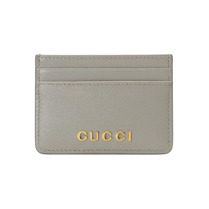 Gucci Letter Logo Solid Color Design Leather Card Holder Women's Light Gray