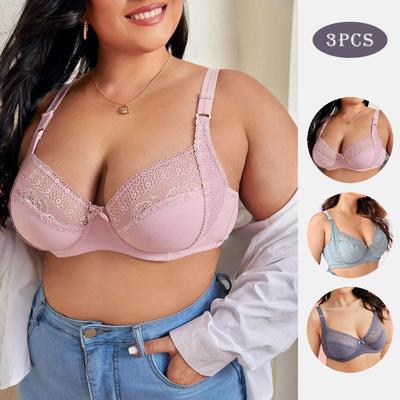 3Pcs Women Plus Size Lace Bras Floral Lingerie Thin Unlined Underwear with Wired 80E 85E 90E 95E 100E 105E