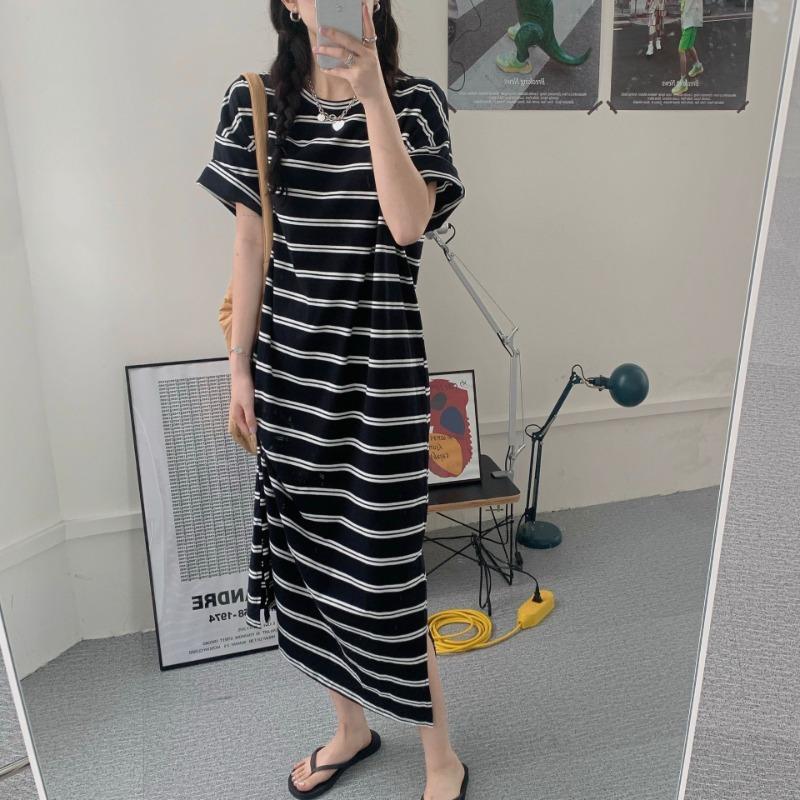 YYFS Women's Fashion Summer Spring Stripe Print 1/2 Sleeves O-Neck Loose Waistline Casual Dresses