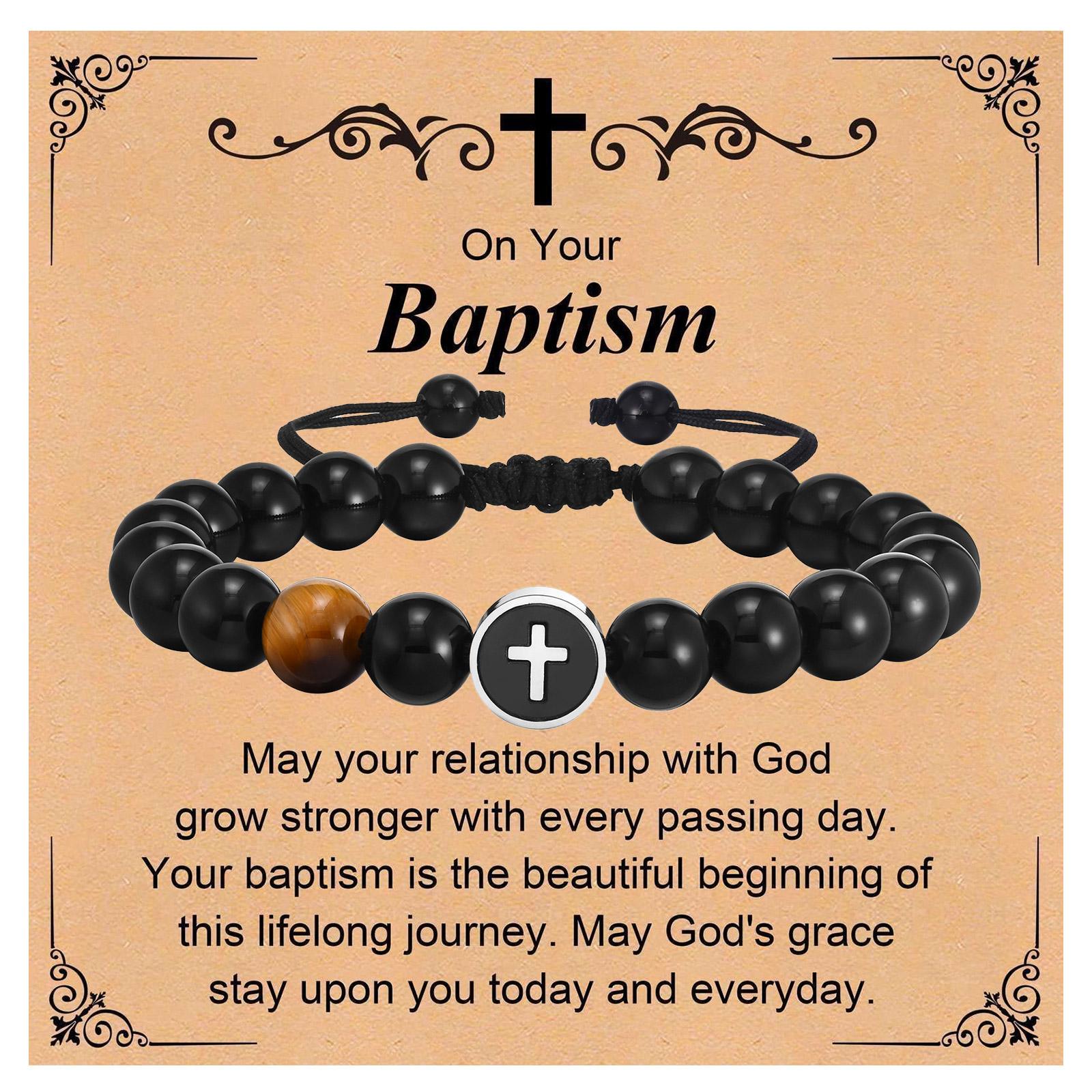 Easter Men s Bracelet,Cross Charms Beaded Bracelets,Adjustable Black Onyx Beaded Wristaband,Father s Day Baptism Scripture Card
