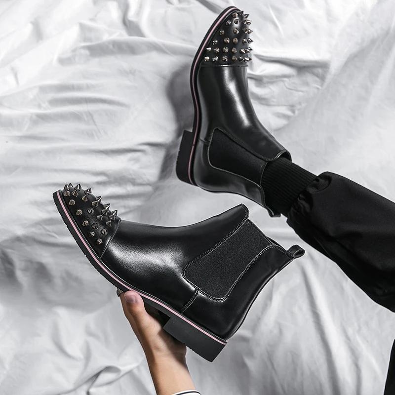 Size 48 Mens Shoes High Quality Rivet Men's Chelsea Boots Fashion Metal Pointed Casual Men Boots PU Leather Business Men's Shoes