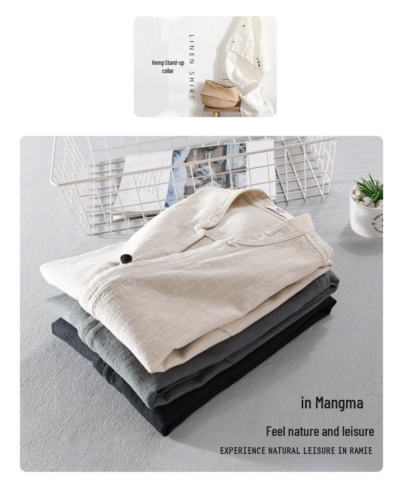 Men's Ramie Linen Stand Collar Shirt - Spring/Summer Casual, Loose Fit, National Style