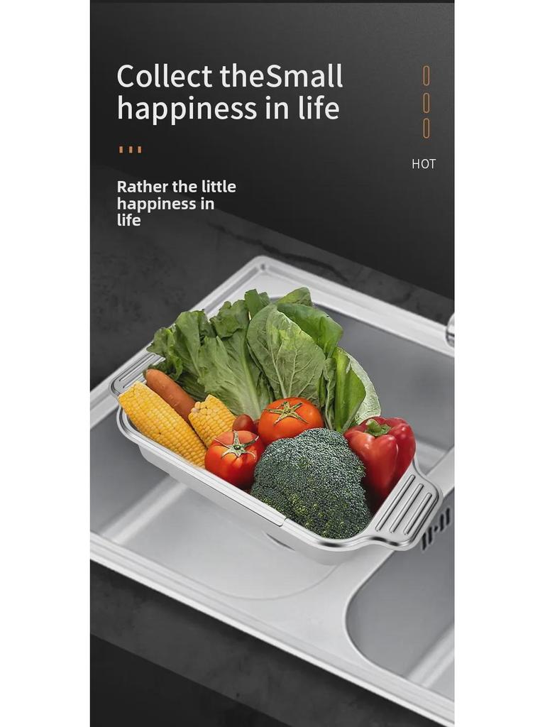 Universal 304 Stainless Steel Retractable Drain Basket for Sink - Rectangular, Thickened & Lengthened for Vegetable Washing