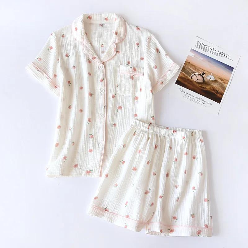Summer Ladies Short-sleeved Shorts Pajamas Set 100% Cotton Crepe Cloth Thin Home Service Two-piece Spring and Autumn Loose
