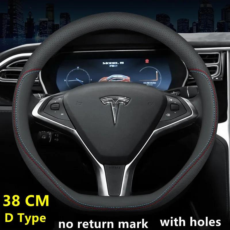 Nappa Leather Car Steering Wheel Cover For Tesla Model 3 Y S X 2019 - 2025 4 Seasons 36-38 CM Black Auto Interior Accessories