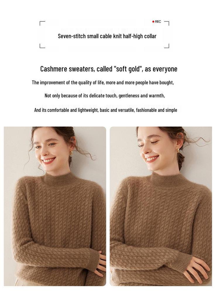 Women's Half-High Collar Cable Knit Cashmere Sweater - Korean Style Thick Pullover for Autumn and Winter
