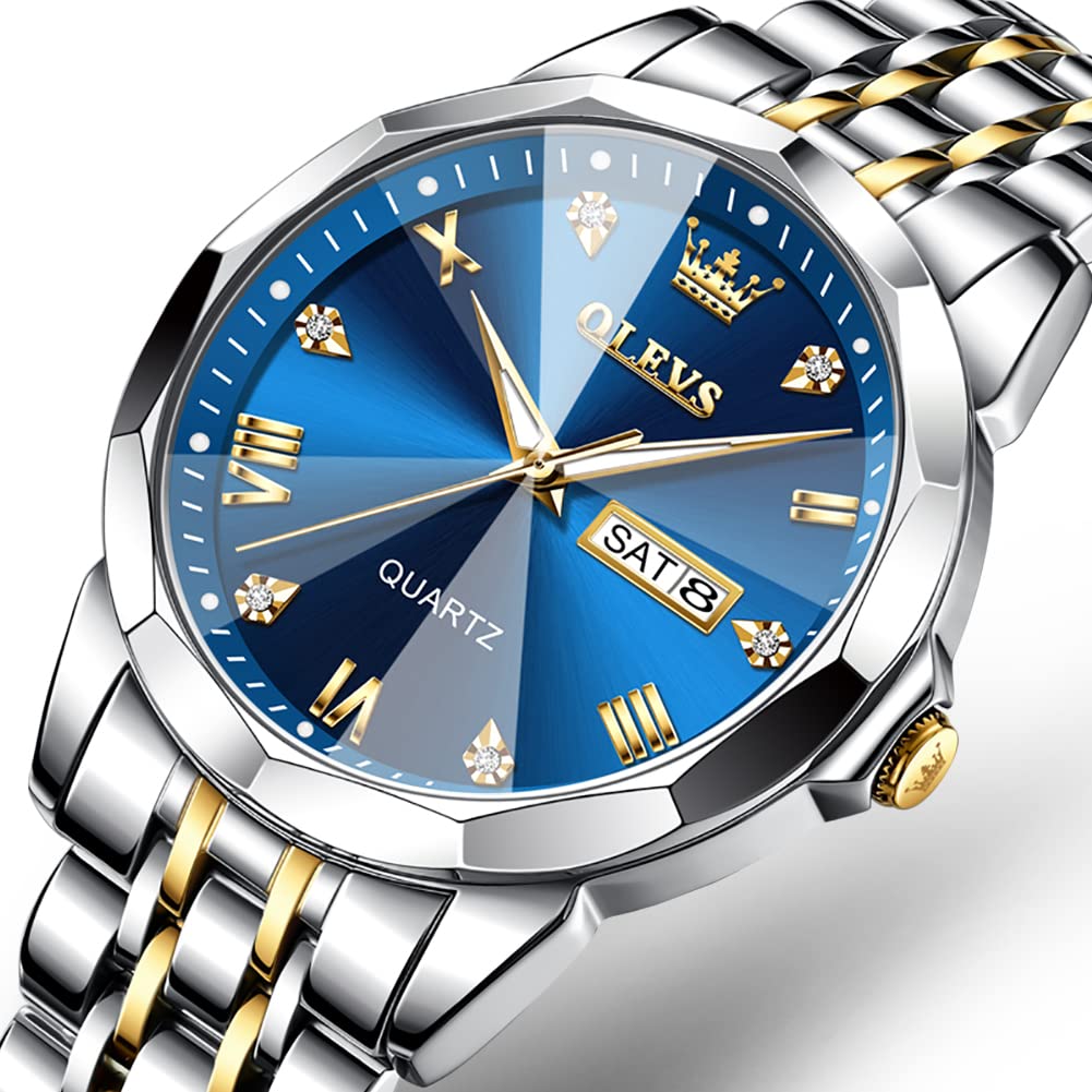 OLEVS Men's Stylish Quartz Watch, Waterproof, Simple Design, Diamond-Like Dial, Stainless Steel Band, Date Display, Luminous Design, Blue