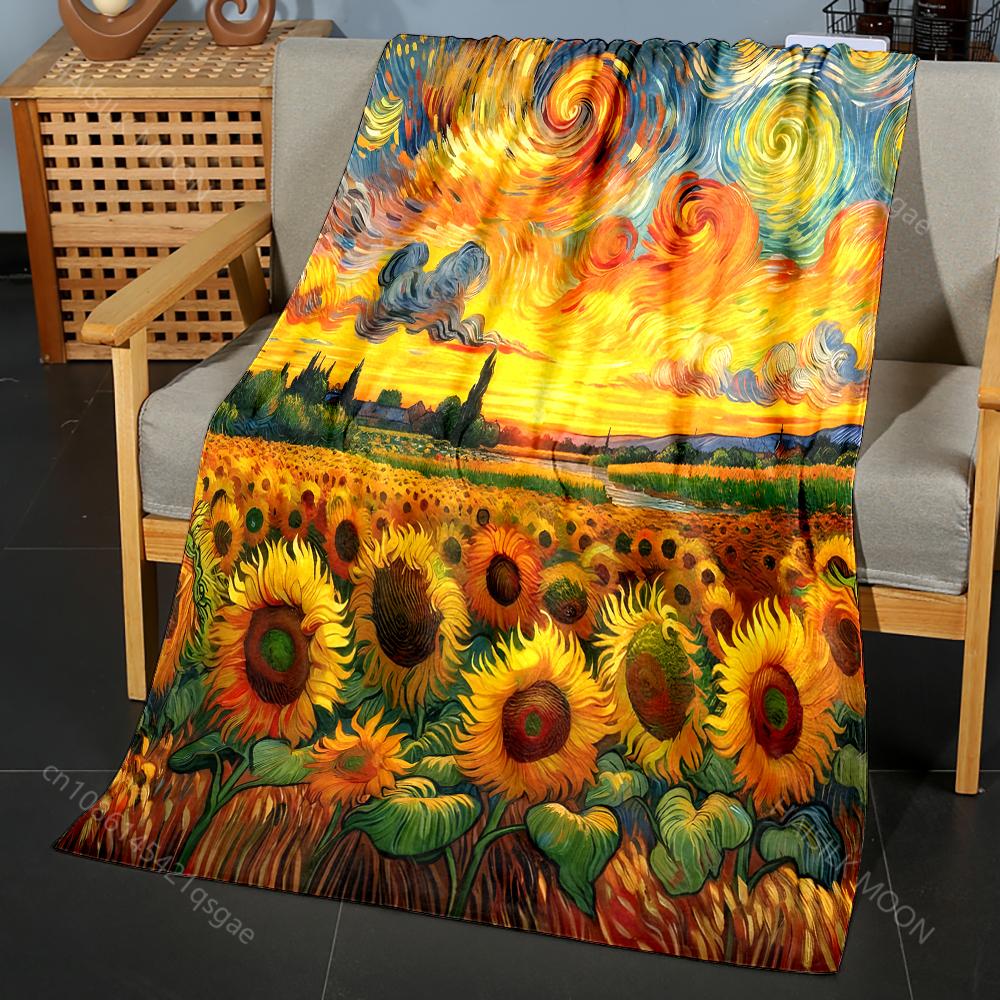Mehrgrößen Van Gogh's Wirbelnde Sonnenblumen Muster Decke Flanell Material Weich Warm für Alle Jahreszeiten Zuhause Camping Picknicks Wohnmobil