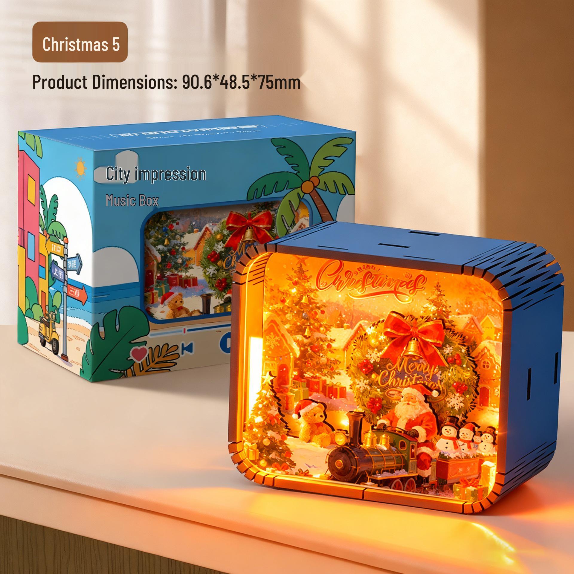 Dynamic Luminous Christmas Wooden Music Box with Color-Changing Night Light