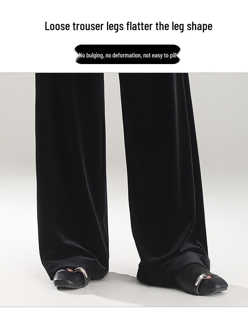Women's High-Waist Golden Velvet Wide-Leg Pants - Spring/Summer 2026 Collection, Fashionable Black Drapey Casual Style.