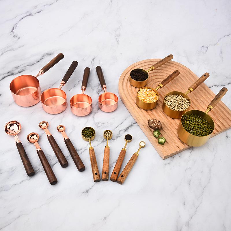 Gold-Plated Stainless Steel Measuring Cups & Spoons Set with Acacia Wood Handles – 8 Pieces