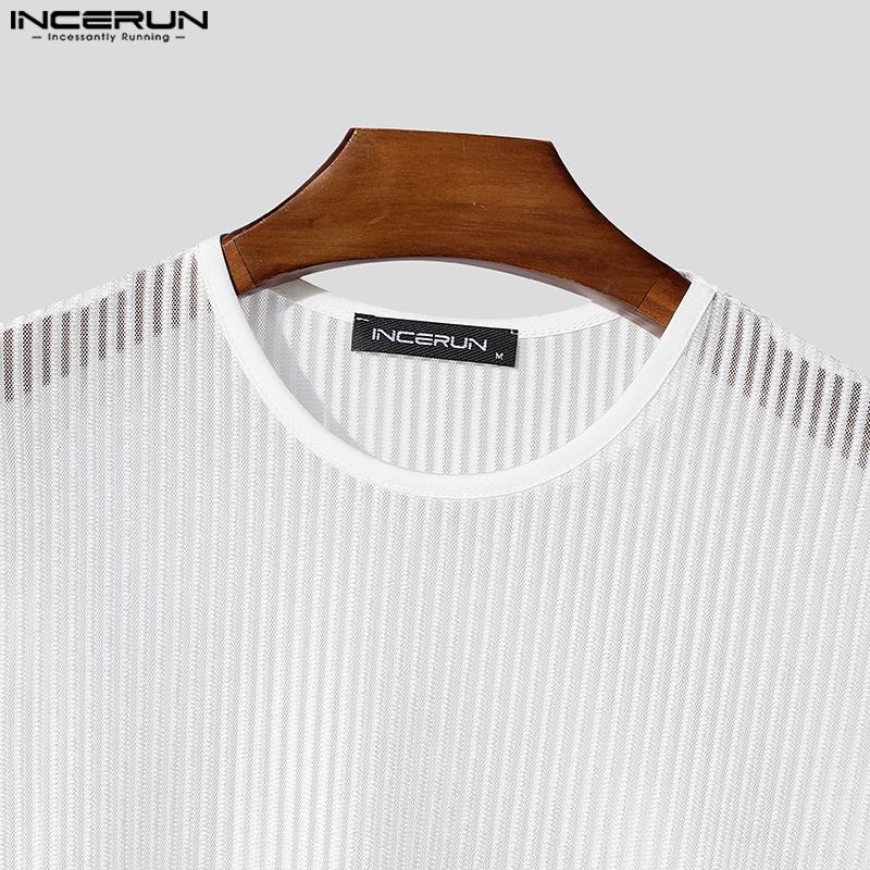 INCERUN Men Long Sleeve Striped Mesh See Through Skinny Party Club T-shirts Tops