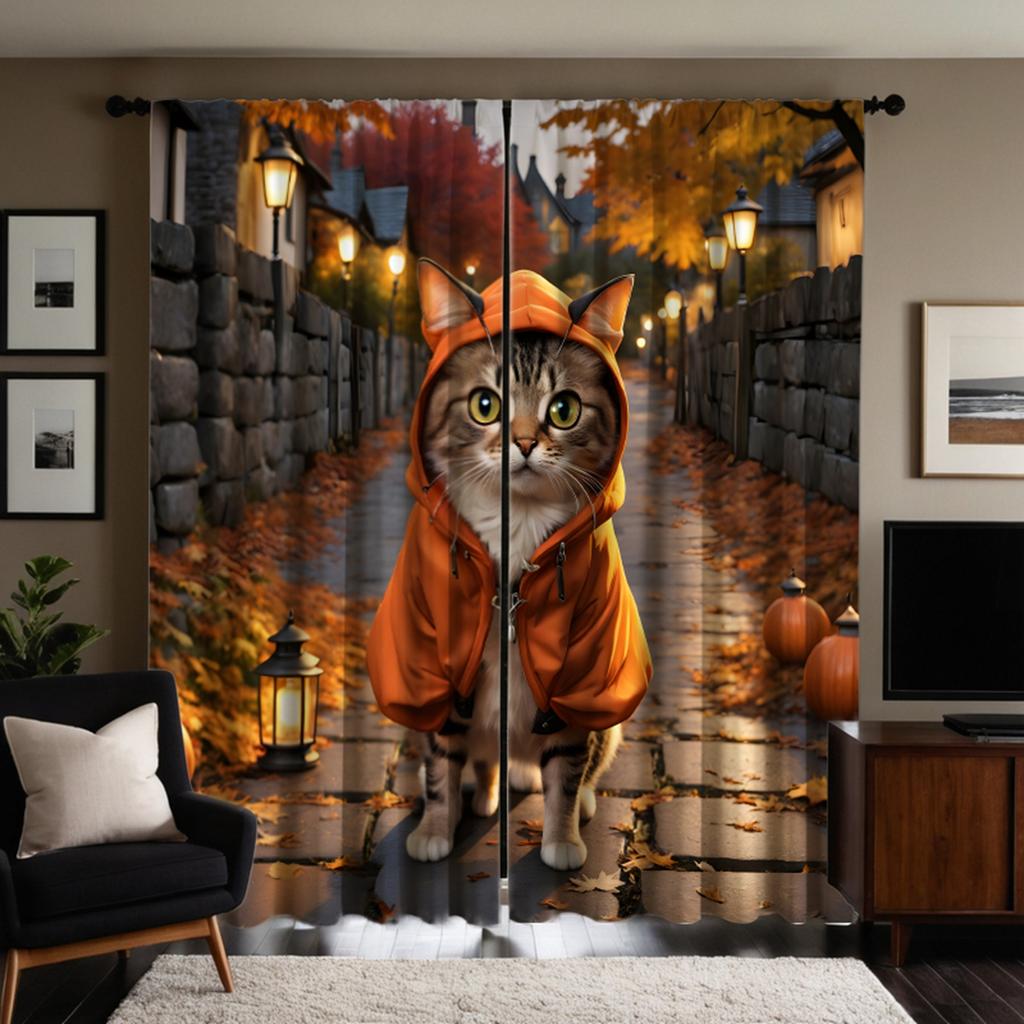 2 Pieces HD Thanksgiving Alley Maple Leaf Pumpkin Cat Curtain Yellow Tie Digital Printed Curtain Home Decoration Style Decorate