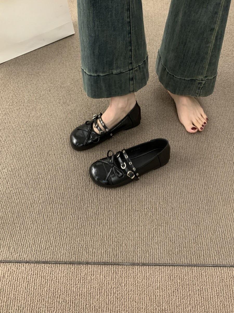 

First encounter season retro round head double row buckle with Mary Jane shoes shoes 2026 spring flat ballet 40 чорний