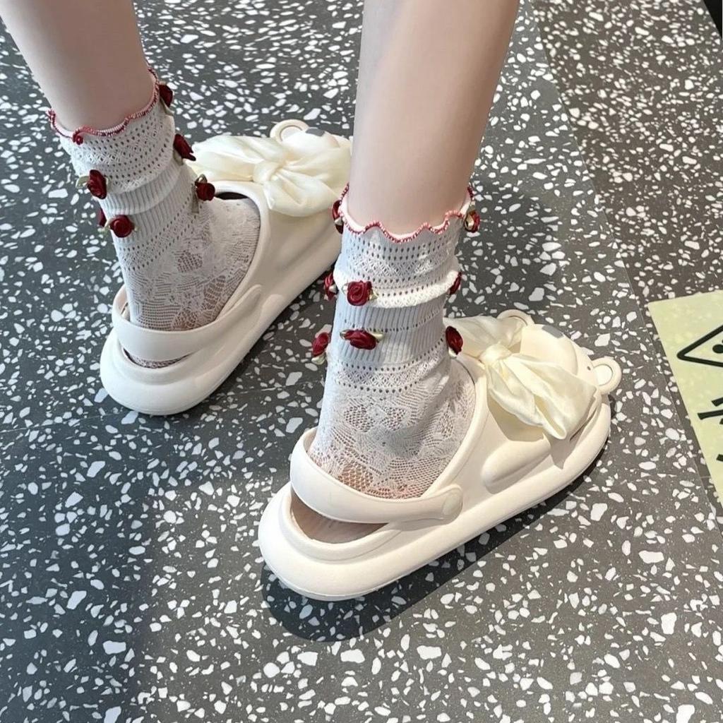 1 Paio Estate Nicchia Fuga Francese Rose Carine Dolci Belle Fiori di Pizzo Ragazza Calzini Traspiranti Calzini a Coste Media Lunghezza