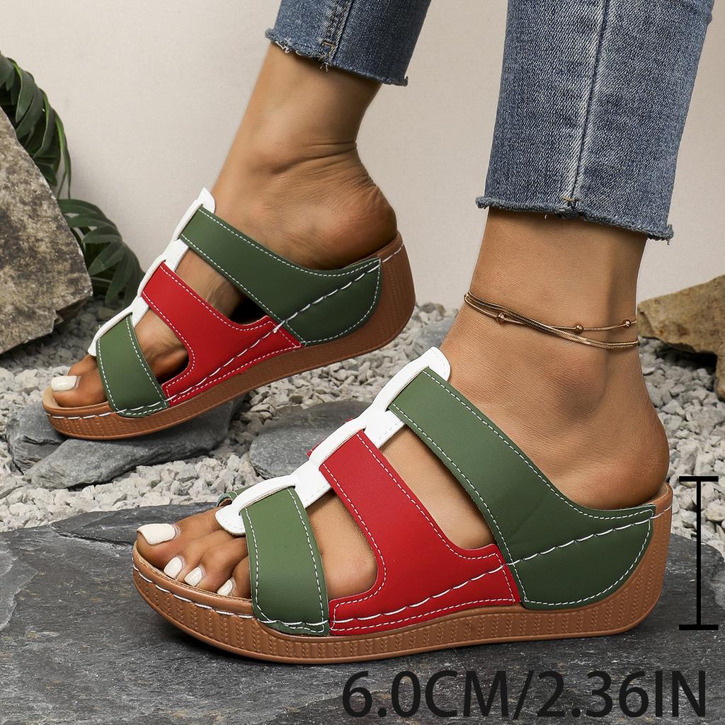 Fashion Summer 2025 new fashionable European and American export large-sized sewn fish mouth color-blocked beach flip-flops