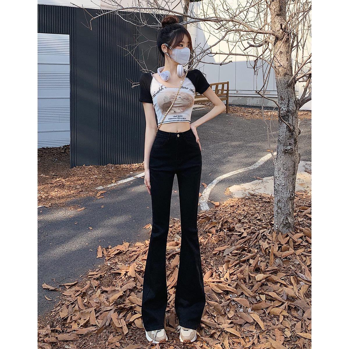 

Женские черные джинсы с высокой талией, облегающие, микро-клеш - Маленький эластичный крой для весны и осени 2025 2XL чёрный