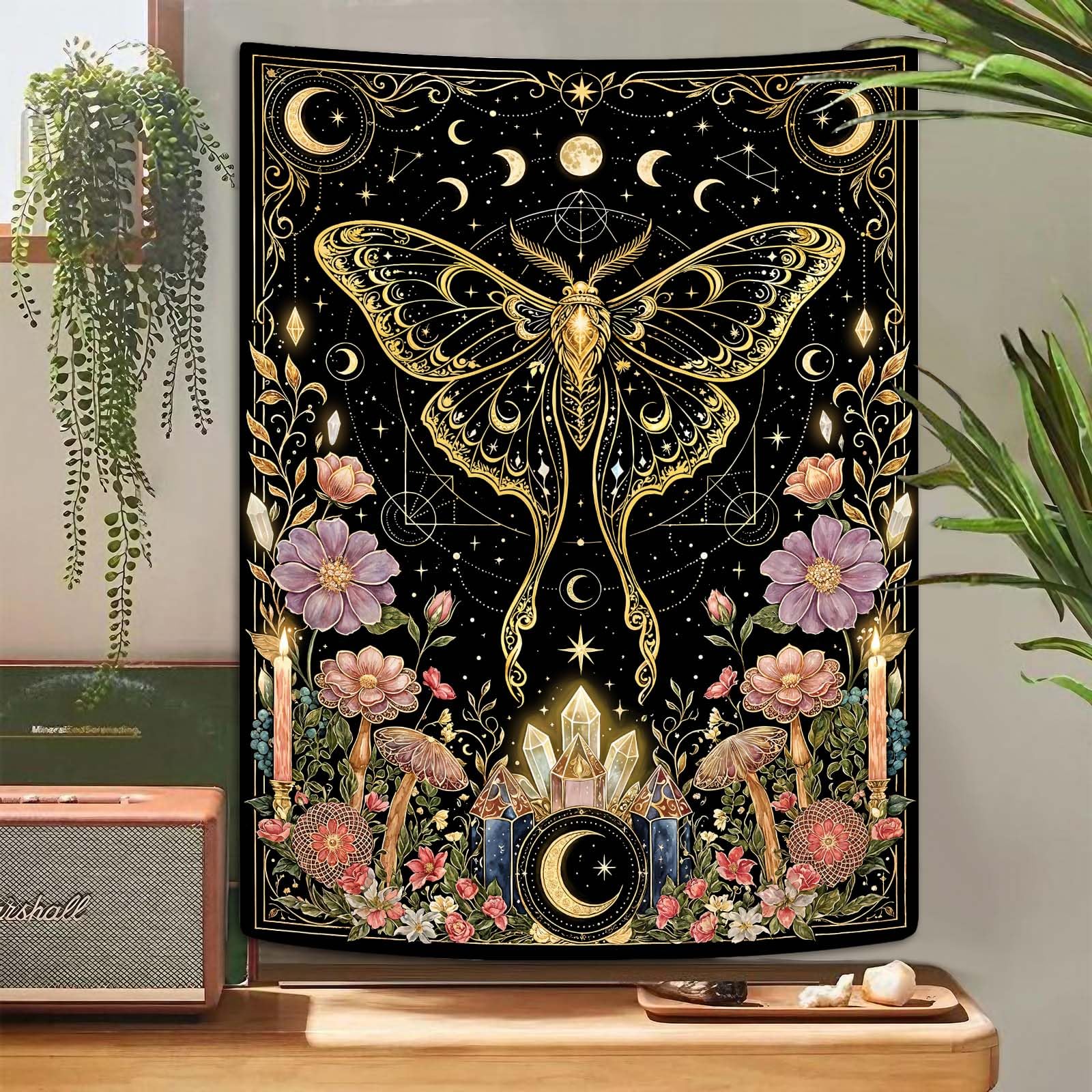 Bohemian Moon Moth Tapestry, Mystical Luna Moth with Floral Accents & Crystals, Wall Art for Celestial & Whimsical Rooms 70x100CM