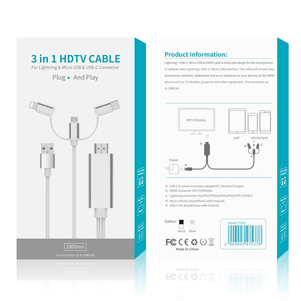 3-in-1 Lightning/Type-C/Micro USB To HDMI HD Adapter Cable for iOS and Android Devices Mirroring Screen To TV/Projector/Monitor