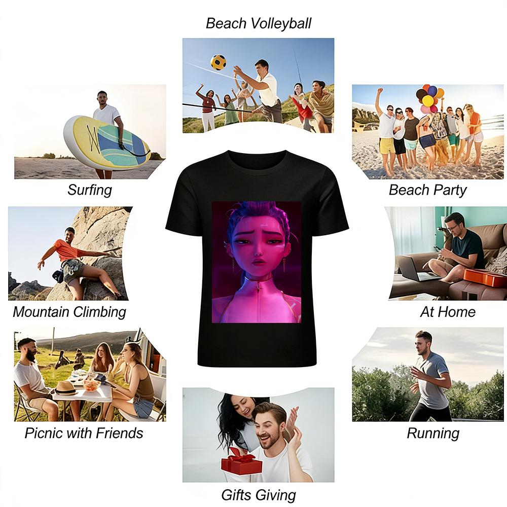 Cyberpunk Style Cool Girl Print Tops Trendy Streetwear Loose Casual Tees with Futuristic Purple Tone Design Pure Cotton T-shirt