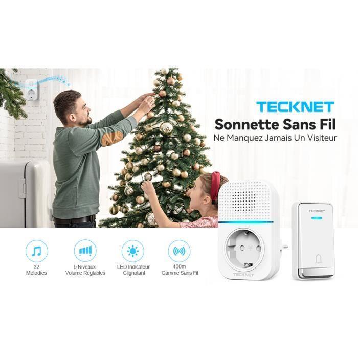 Sonnette sans fil - tecknet - 400m - ip44 étanche - fonction de charge - émetteur auto-alimenté
