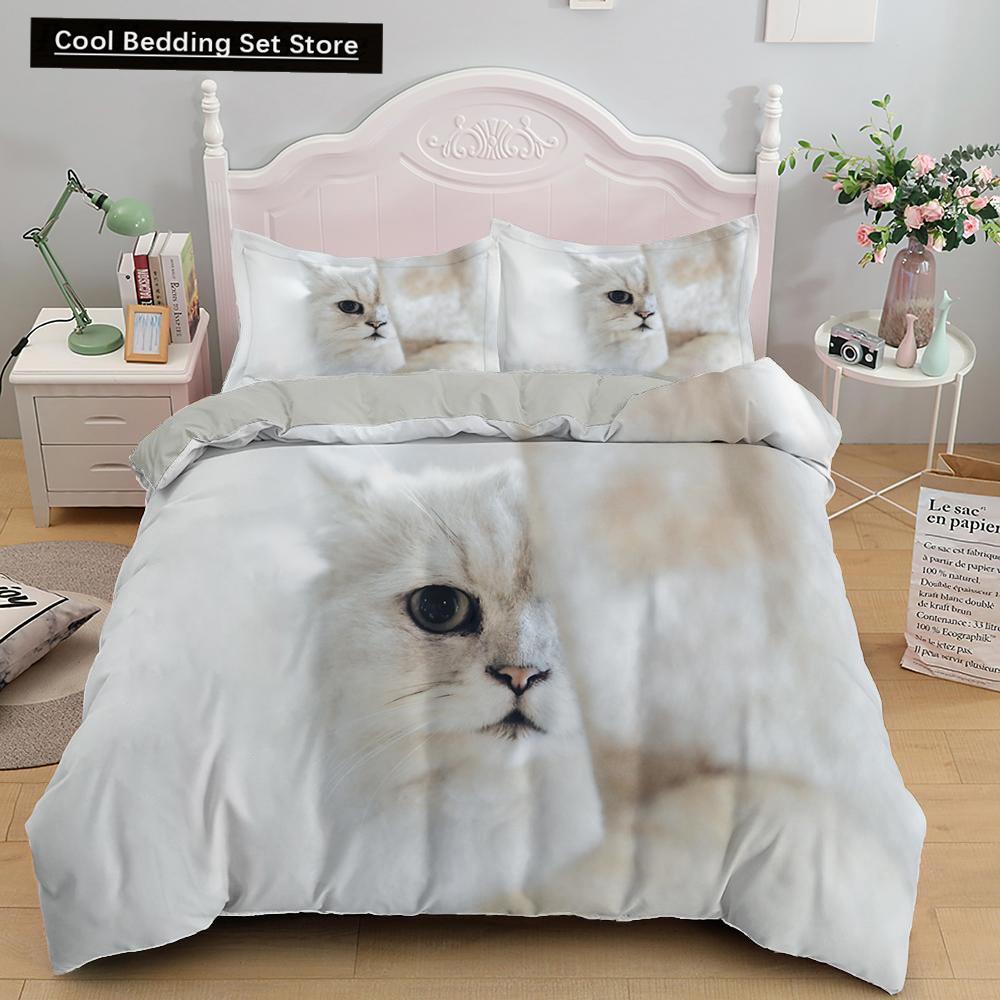 White Cat King Queen Duvet Cover Kawaii Pet Kitty Bedding Set for Kids Teens Adults Family Animal 2/3pcs Polyester Quilt Cover