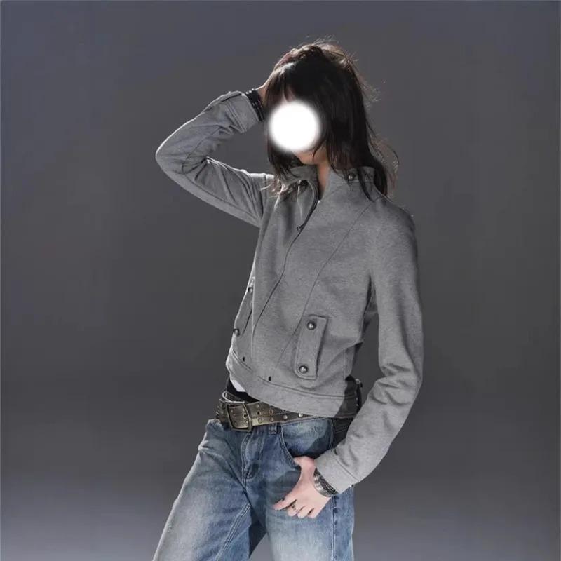 TrendHub American Retro Grey Stand Collar Solid Jacket Metal Buckle Slim Fit Hoodie Unisex