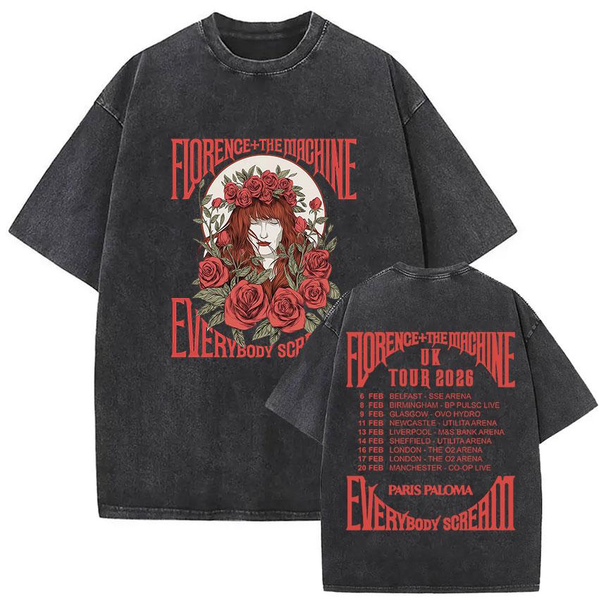 Florence and The Machine Tour  Vintage Washed T Shirt Men Women Harajuku Aesthetic Oversized Cotton Tshirts Yk Streetwear