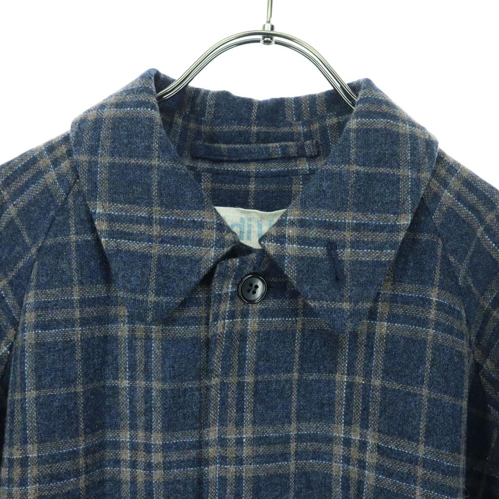 MidiUmi Wool Blend Check Pattern Long Sleeve Long Coat Navy Women Used