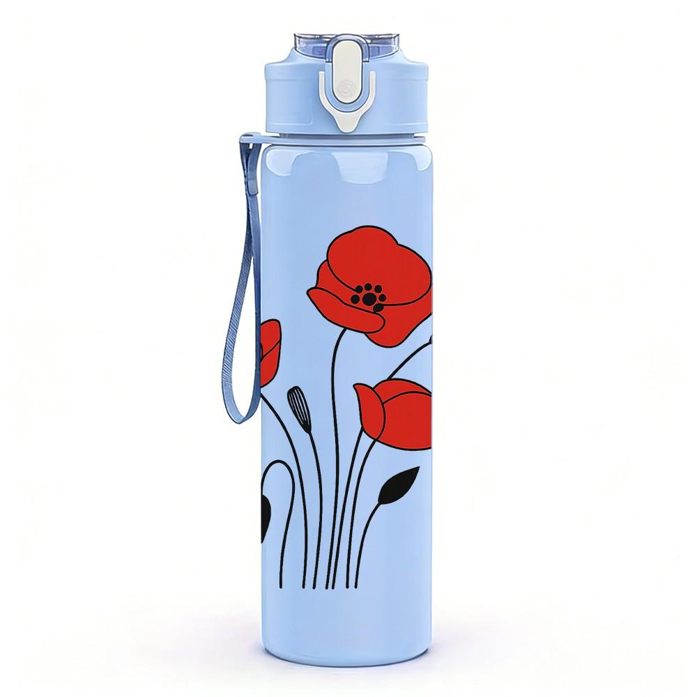 1PC Red Poppy Flower Bouquet 750ml Color Plastic Sports Water Bottle Leakproof Flip Straw Lid Suitable for Sports Office Home Use