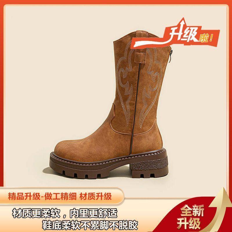 Dicke Sohle Western Cowboy Stiefel Damen Sommer Neu Stickerei Reisebekleidung Mittelstiefel Wüste Kurzstiefel Western Sichuan
