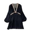 Lantern Sleeve Tassel V-neck Patchwork Loose A- line Dress