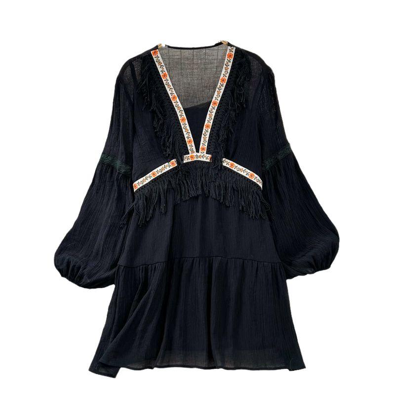 Lantern Sleeve Tassel V-neck Patchwork Loose A- line Dress