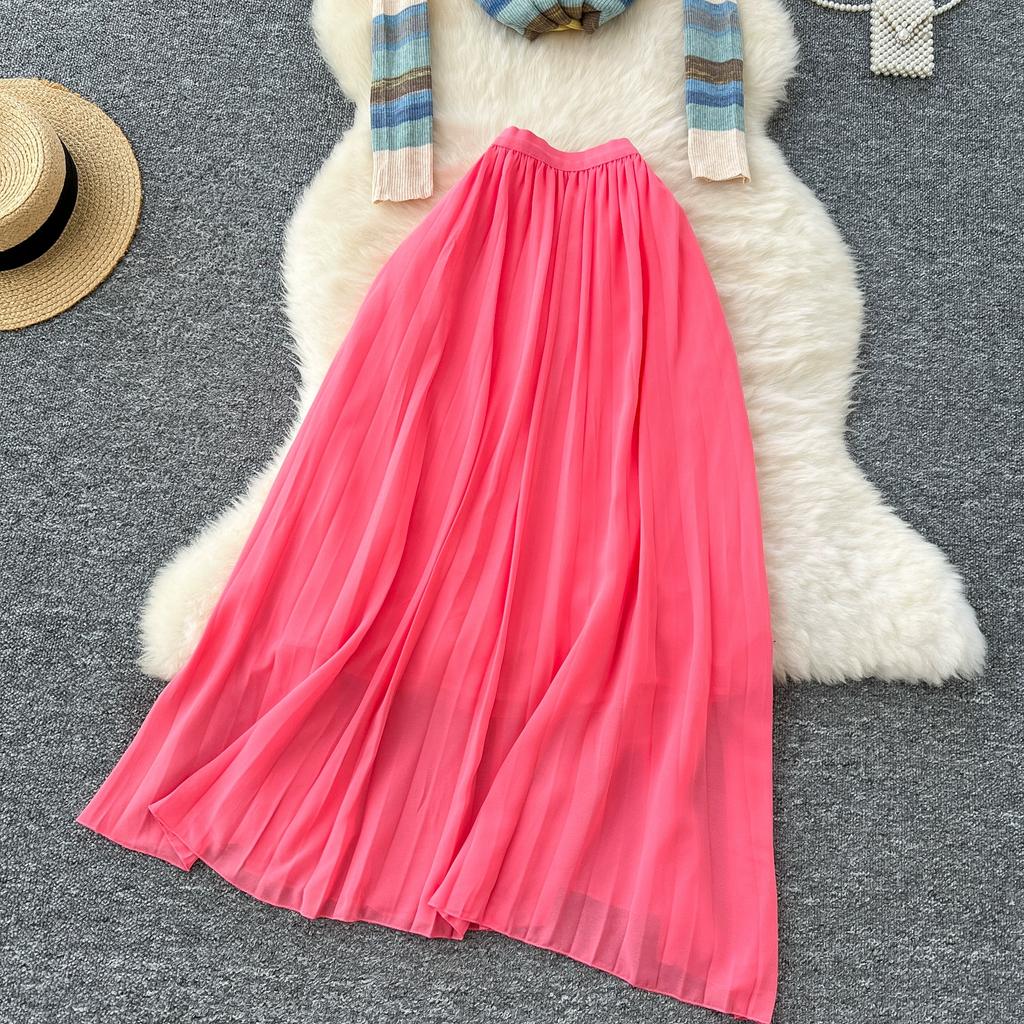 Spring Autumn Women Vintage Rainbow Striped Knitted Sweater Pullover Tops and Long Midi Pleated Skirt Two Piece Set