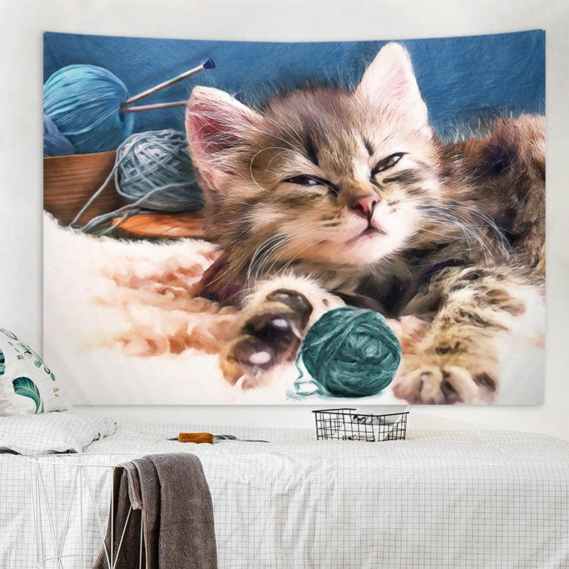 Cute Sleeping Kitten with Yarn Tapestry, Cozy Animal Wall Hanging, Polyester Fabric Art for Bedroom Living Room Decor