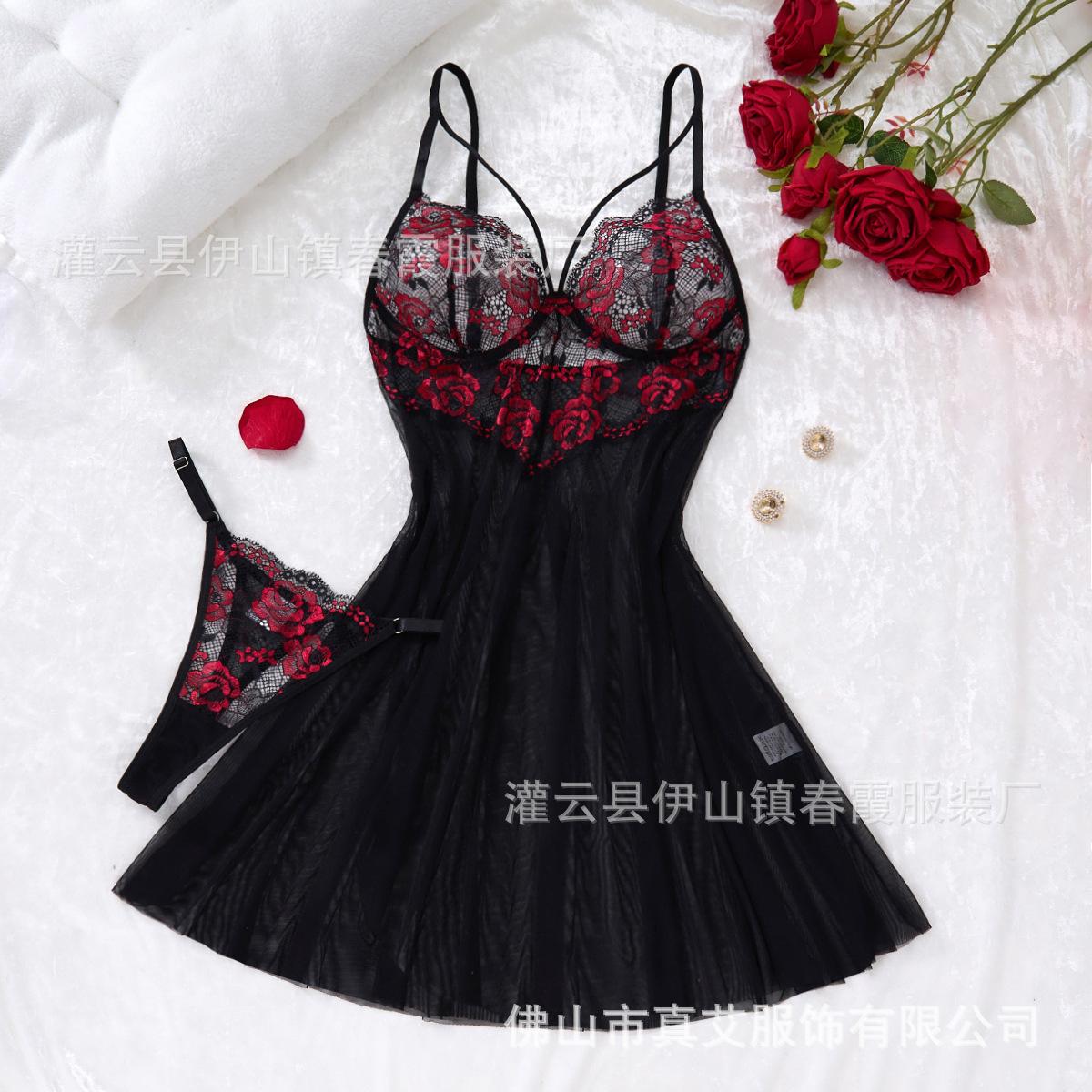 

New lace mesh splicing suspender nightgown pure gothic sexy pajamas women XL