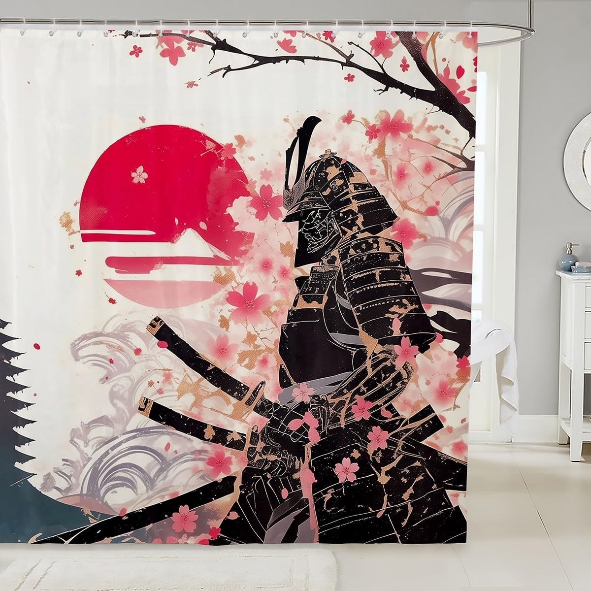 

Japanese Style Shower Curtain Set,Red Sun And Crane Bathroom Decor For Kids Adults,Oriental Ukiyoe Bathroom Set Vintage W60H190(CM)-1 Pcs