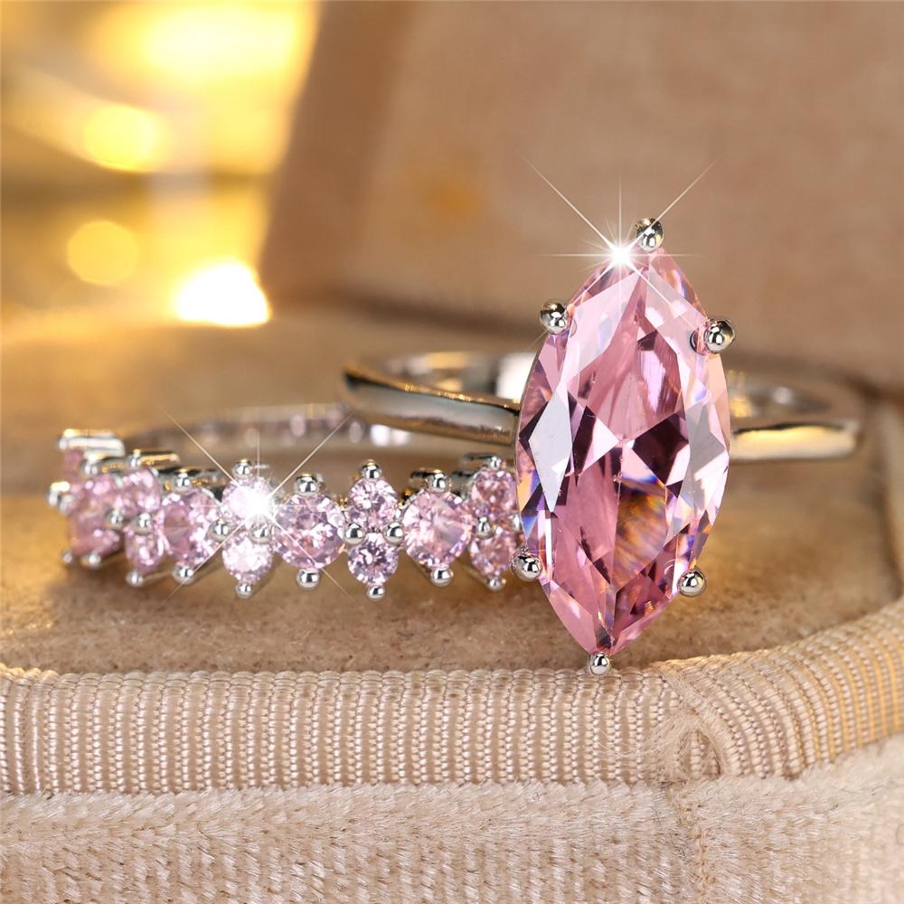 Female Pink Zircon Stone Engagement Ring Set Vintage CopperColor Bridal Wedding Bands Party Jewelry For Women