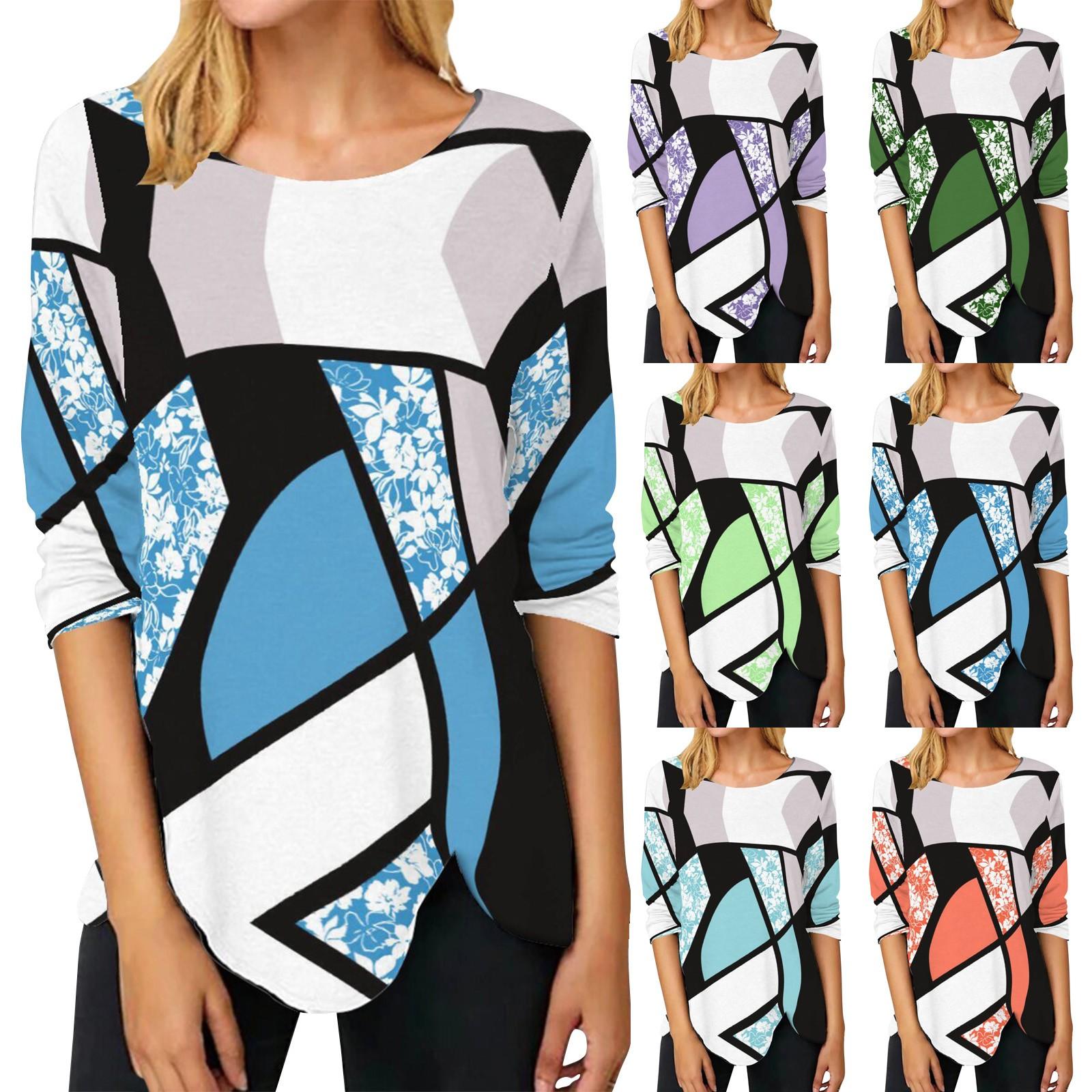 

Женская модная повседневная футболка с длинным рукавом с круглым вырезом и длинными рукавами, нерегулярный цвет, футболка с длинным рукавом с принтом, топ