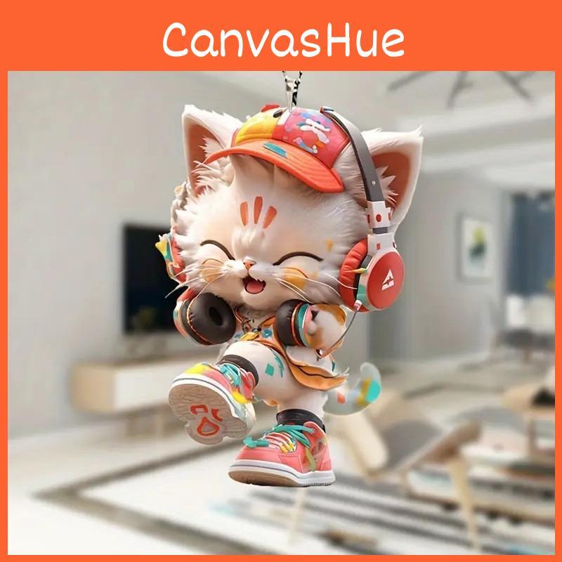 Cute Listening To Music Colorful Cat Pattern, Acrylic Pendant For Fun Vehicle Accessory