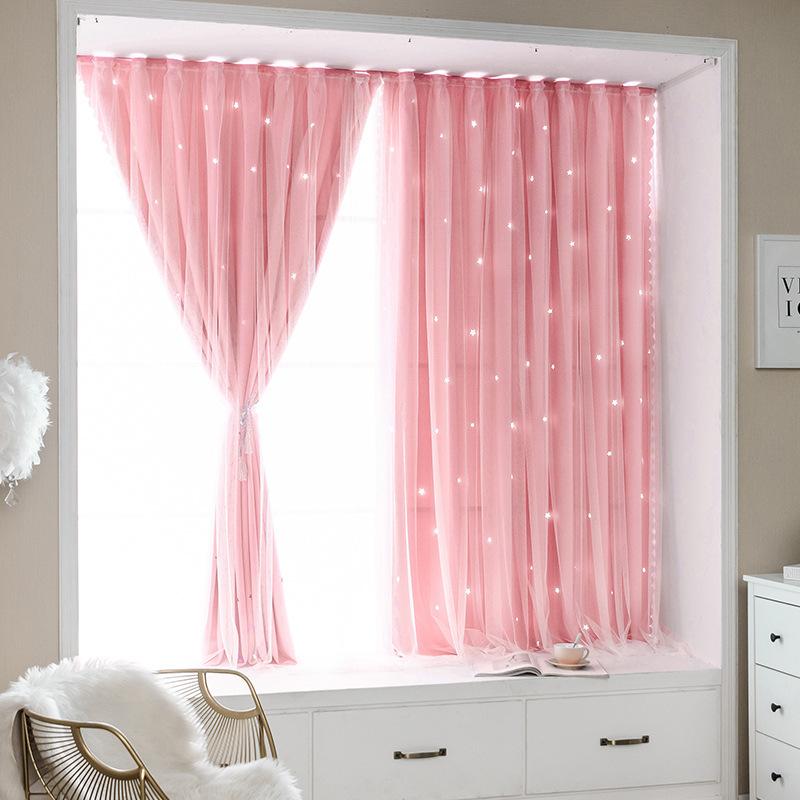 Bedroom Blackout Curtains with Magic Tape, Double Layer, No Drilling Installation, Hollow Star Gradient Bay Window Curtains